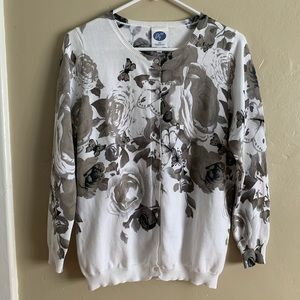 DG2 by Diane Gilman Cardigan Sweater Tan White Button Front Floral Small